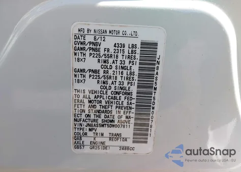 2013 Nissan Rogue Sv W/Sl Pkg z USA, uszkodzony, nr VIN JN8AS5MT5DW007811